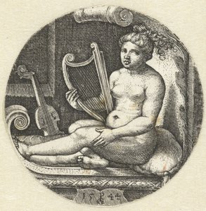 Femme nue assise avec une harpe