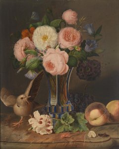 Nature morte avec une fleur, un oiseau et une sauterelle