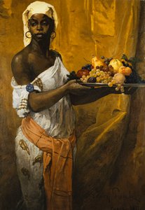 Une femme noire tenant un plateau de fruits
