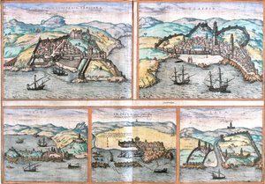 Tanger, Safi, Ceuta, Asilah, Salé, Maroc, du livre Civitates orbis terrarum par Braun et Hogenberg. Année de publication 1572, Cologne.