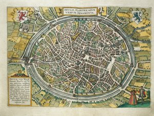 Belgique, carte de Bruges du Civitates Orbis Terrarum par Georg Braun et Franz Hogenberg, Cologne, gravure