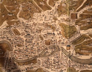 Ville de Rome, planche de carte, détail de Civitates orbis terrarum, Villes du Monde, par Georg Braun (1541-1622) et Franz Hogenberg (1535-1590), actifs à Cologne, gravure, Italie