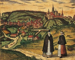 République tchèque, Prague, Vue de la ville avec la citadelle en arrière-plan, gravure en couleur de Civitates Orbis Terrarum par Georg Braun (1541-1622) et Franz Hogenberg (1535-1590) - Georg Braun and Hogenberg Franz