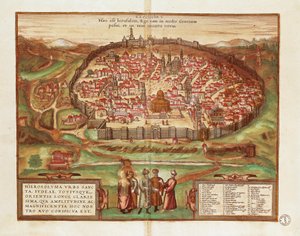 Israël et Palestine, Ville de Jérusalem, par Georg Braun et Franz Hogenberg, de Civitates Orbis Terrarum, gravure en couleur - Georg Braun and Hogenberg Franz