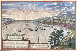 Le détroit de Messine, entre la Sicile et la Calabre (Italie) (gravure) - Georg Braun and Hogenberg Franz