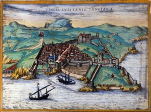 Vue de la ville fortifiée de Tanger et de la côte, Maroc. Trois navires sont ancrés près de la côte. Dans « Ciuitates orbis terrarum Liber primus », par Georgius Braun et Franz Hohenberg, Cologne 1582.