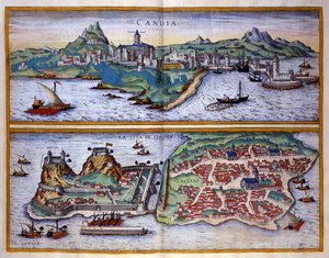 Vue du port de Candie en Crète et du port de Corfou en Grèce - Georg Braun and Hogenberg Franz