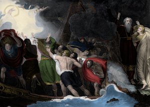 Prospero et Miranda, à droite, debout sur l