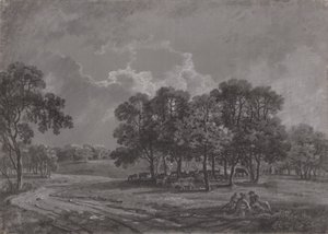 Scène de parc avec cerfs, bovins et un groupe de personnages - George Barret