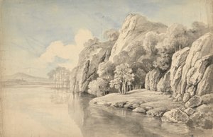 Rive de rivière avec hautes roches - George Barret
