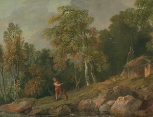 Paysage boisé avec un garçon et son chien