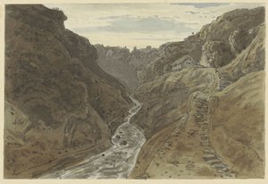Vallée fluviale et chemin de montagne menant à deux maisons