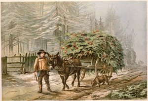 Garçon menant un âne et une charrette, carte de Noël victorienne