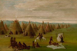 Village comanche, femmes habillant des robes et séchant de la viande