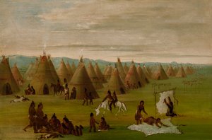 Village Comanche, femmes habillant des robes et séchant de la viande
