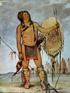Guerrier Comanche avec un bouclier, une lance et un arc et des flèches, vers 1835