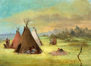 Campement indien, Comanche ou Kiowa habillant des peaux, Red River, 1846-1848