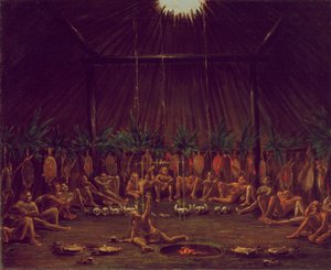 Vue intérieure du Medicine Lodge, cérémonie de Mandan O-kee-pa - George Catlin