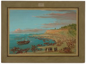 Le Griffin entrant dans le port de Mackinaw. 27 août 1679