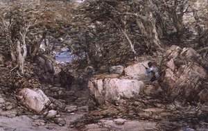 Vallée forestière avec des voyageurs approchant d