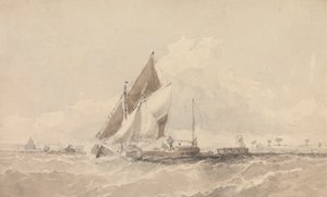 Barges et bateaux à voile dans une mer agitée