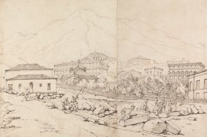 Bâtiment sur une colline dans un village montagneux (Chine ?) - George Chinnery