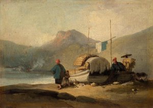 Scène chinoise, bateaux au bord du lac - George Chinnery