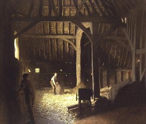 Intérieur de grange avec des garçons travaillant - George Clausen