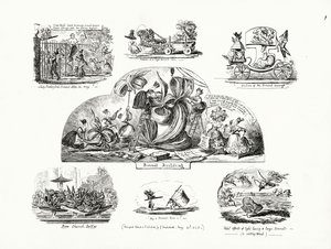 Caricatures de George Cruikshank sur le thème des bonnets de dames surdimensionnés (gravure)