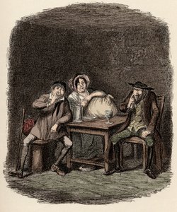 Fagin faisant affaire avec Morris Bolter, alias Noé Claypole, et Charlotte - Le Juif et Morris Bolter commencent à se comprendre - Illustration pour "Oliver Twist" (Les Aventures d