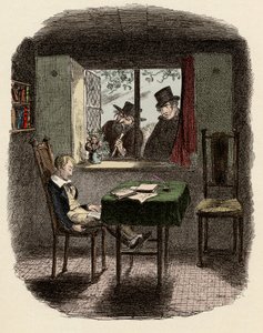 Monks et Fagin observant Oliver dormant dans la bibliothèque des Maylie - Illustration pour « Oliver Twist » de Charles Dickens, par George Cruikshank - George Cruikshank