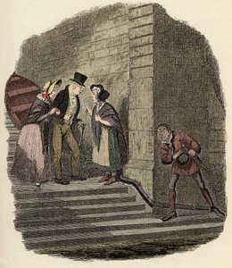 Noe Claypole espionnant le rendez-vous secret entre M. Brownlow, Rose Maylie et Nancy - Illustration pour « Oliver Twist » de Charles Dickens, par George Cruikshank - George Cruikshank
