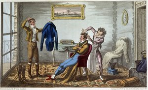 Tailleur et coiffeur à domicile - dans "Life in Paris" par David Carey, ill. par George Cruikshank, éd. Fairburn, Londres - George Cruikshank