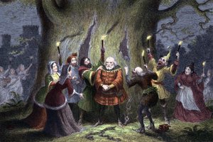 William Shakespeare Les Joyeuses Commères de Windsor, pièce jouée pour la première fois en 1597 ou 1600. Falstaff, ayant tenu son rendez-vous supposé dans la forêt de Windsor avec Mistress Ford en tant que Herne le Chasseur et ayant été pincé et frappé par