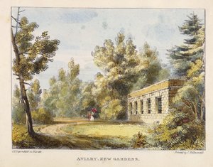 Volière, Jardins de Kew, planche 10 de Kew Gardens: A Series of Twenty-Four Drawings on Stone, gravé par Charles Hullmandel, publié en 1820 (lithographie coloriée à la main)