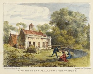 Vestiges du Palais de Kew depuis les jardins, planche 6 de Jardins de Kew : Une série de vingt-quatre dessins sur pierre, gravés par Charles Hullmandel (1789-1850) publiés en 1820