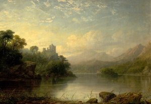 Scène de lac avec château en ruine et montagnes, 19ème siècle