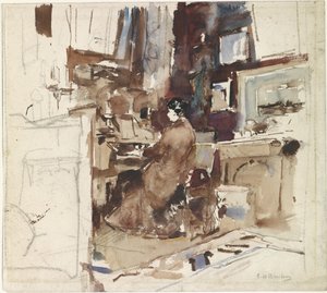 Dame dans un atelier derrière un harmonium