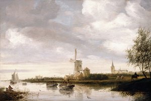 Paysage fluvial avec barges et voiliers et une église au-delà - George Henry Clements