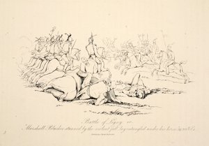 Bataille de Ligny : le maréchal Blucher étourdi par la chute violente, enchevêtré sous son cheval, publié par J. Booth, 1816
