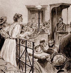 Mlle Christabel Pankhurst interrogeant M. Herbert Gladstone, 1909