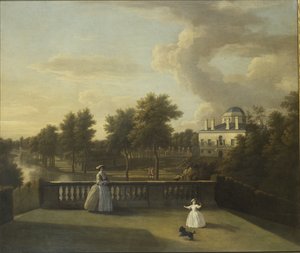 Vue de la villa de Chiswick depuis un balcon au-dessus de la Cascade avec le lac