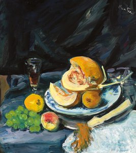 Nature morte avec melon coupé, verre et éventail, vers 1920 - George Leslie Hunter