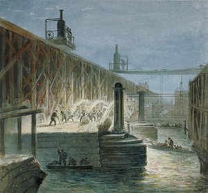 Travaux de démolition sur le pont de Blackfriars depuis la rive du Surrey, Londres, 1865