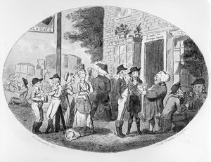 Devant la vieille taverne des chapeaux, gravé par Isaac Cruikshank