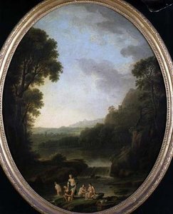 Paysage boisé avec baigneurs
