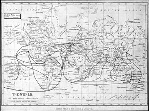 Carte du monde montrant les routes de navigation et les câbles télégraphiques, vers 1893