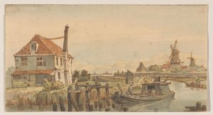 Canal avec un bateau, une maison et deux moulins - George Pieter Westenberg