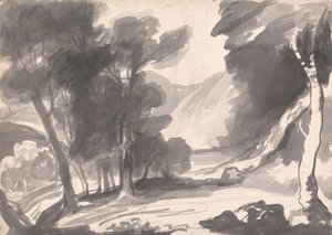 Étude de paysage : bosquet, lac et montagnes