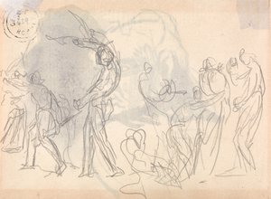 Hommes allant se battre, avec une foule de femmes en train de se recroqueviller derrière eux - George Romney